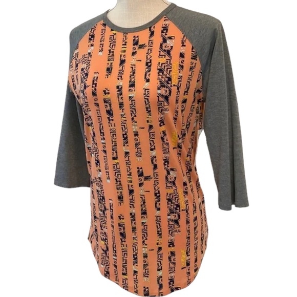 Lularoe size large orange tribal design, grey 3/4 sleeves & collar, curved hem - Picture 11 of 12
